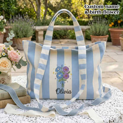 Embroidered Custom Birth Month Flower Tote Bag - Vintage Striped Beach Tote