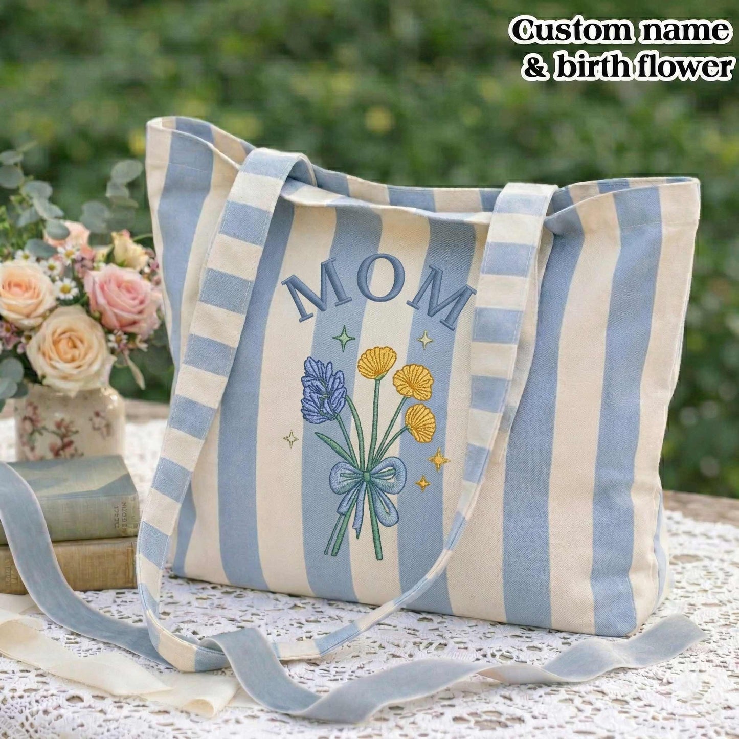 Embroidered Custom Birth Month Flower Tote Bag - Vintage Striped Beach Tote