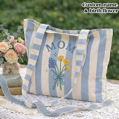 Embroidered Custom Birth Month Flower Tote Bag - Vintage Striped Beach Tote
