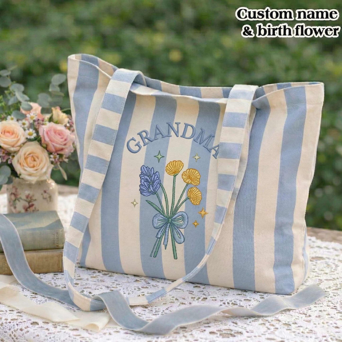 Embroidered Custom Birth Month Flower Tote Bag - Vintage Striped Beach Tote
