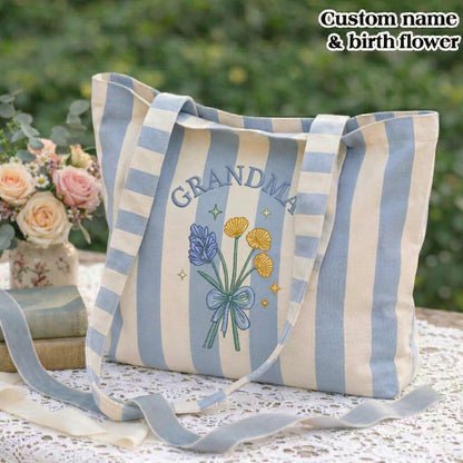 Embroidered Custom Birth Month Flower Tote Bag - Vintage Striped Beach Tote
