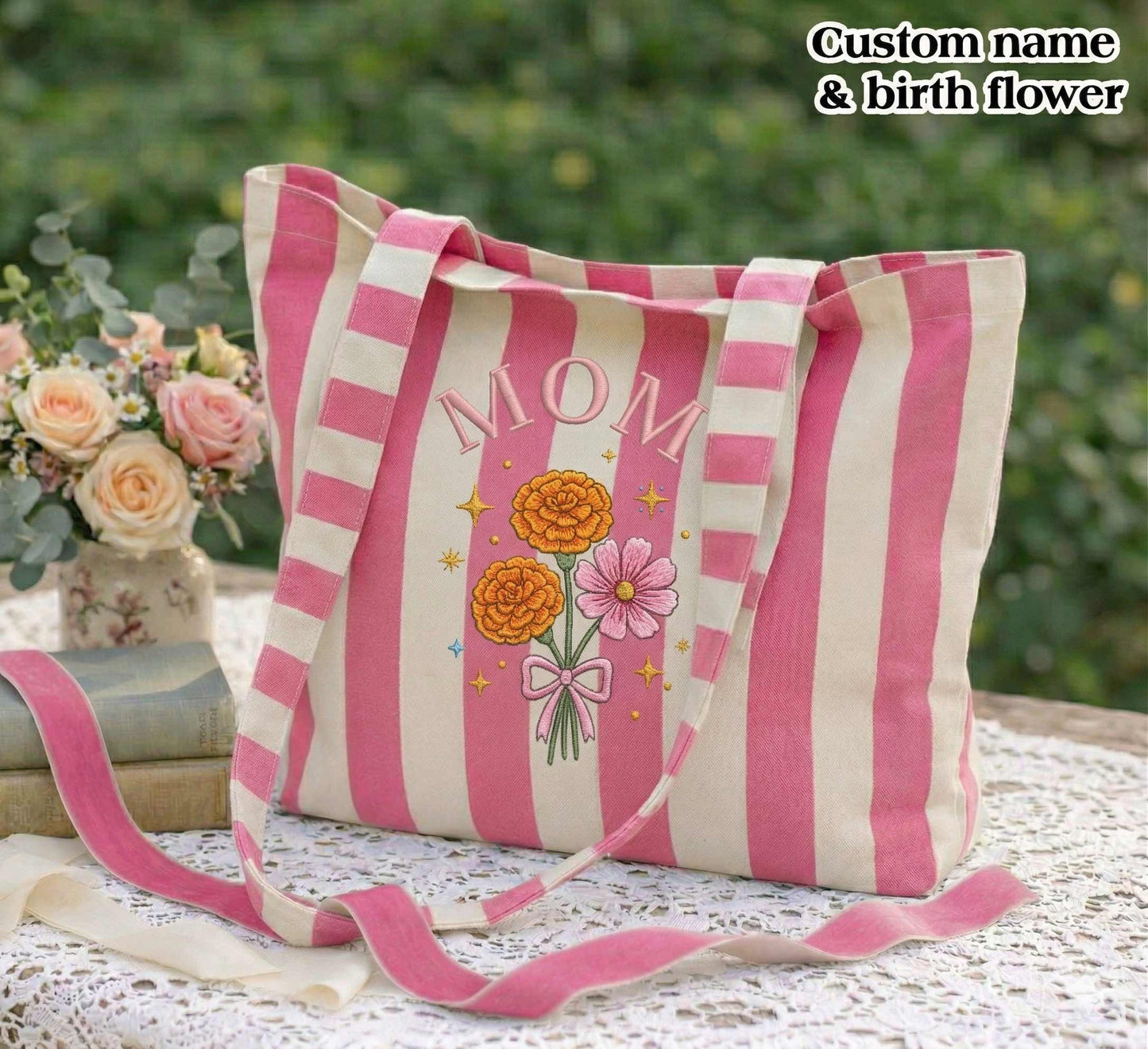 Embroidered Custom Birth Month Flower Tote Bag - Vintage Striped Beach Tote