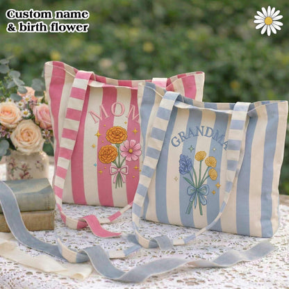 Embroidered Custom Birth Month Flower Tote Bag - Vintage Striped Beach Tote