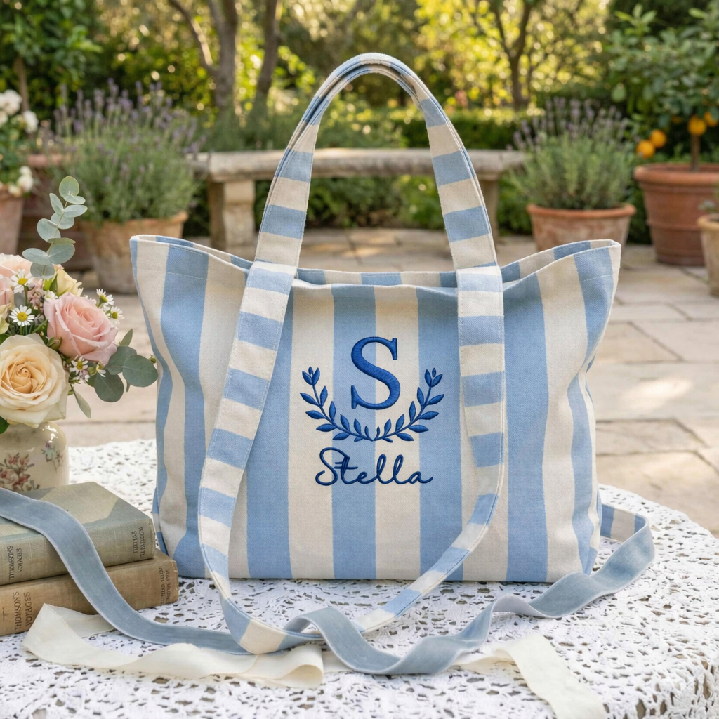 Embroidered Custom Name Tote Bag - Vintage Striped Beach Tote