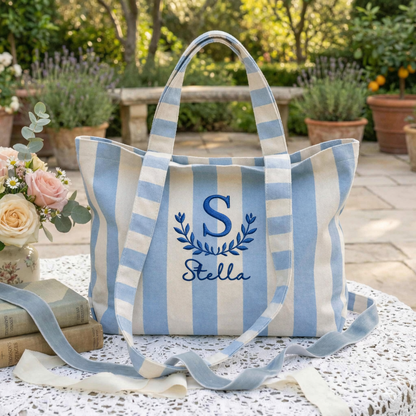 Embroidered Custom Name Tote Bag - Vintage Striped Beach Tote