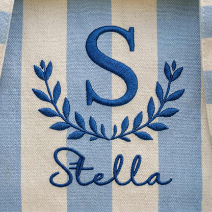 Embroidered Custom Name Tote Bag - Vintage Striped Beach Tote
