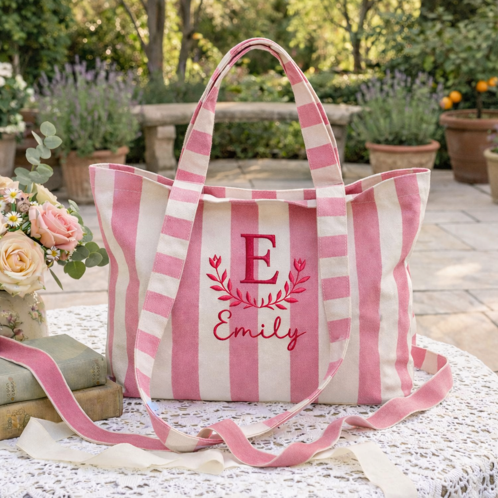 Embroidered Custom Name Tote Bag - Vintage Striped Beach Tote