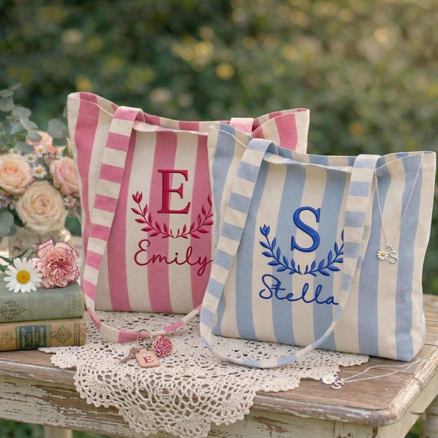 Embroidered Custom Name Tote Bag - Vintage Striped Beach Tote