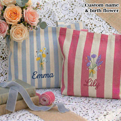 Embroidered Custom Birth Month Flower Tote Bag - Vintage Striped Beach Tote