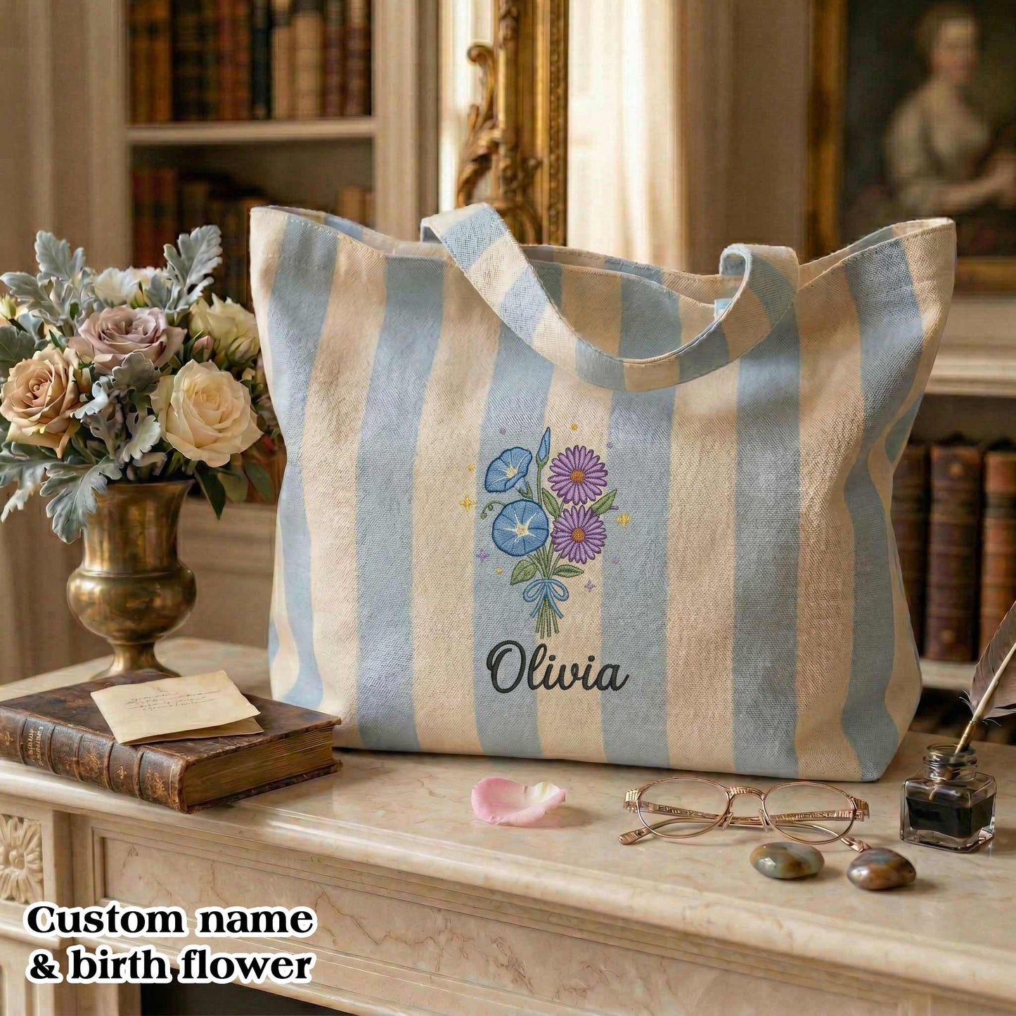 Embroidered Custom Birth Month Flower Tote Bag - Vintage Striped Beach Tote