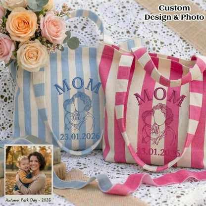 Personalized Mom & Kids Photo Mother's Day Embroidered Tote Bag - Vintage Striped Beach Tote