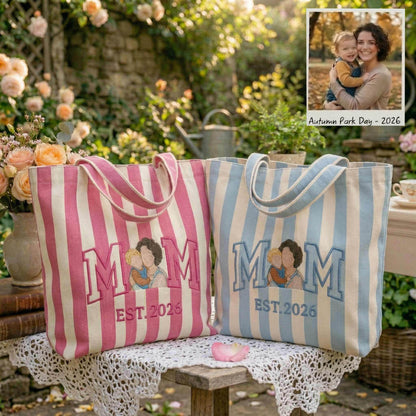Personalized Mom & Kids Photo Mother's Day Embroidered Tote Bag - Vintage Striped Beach Tote