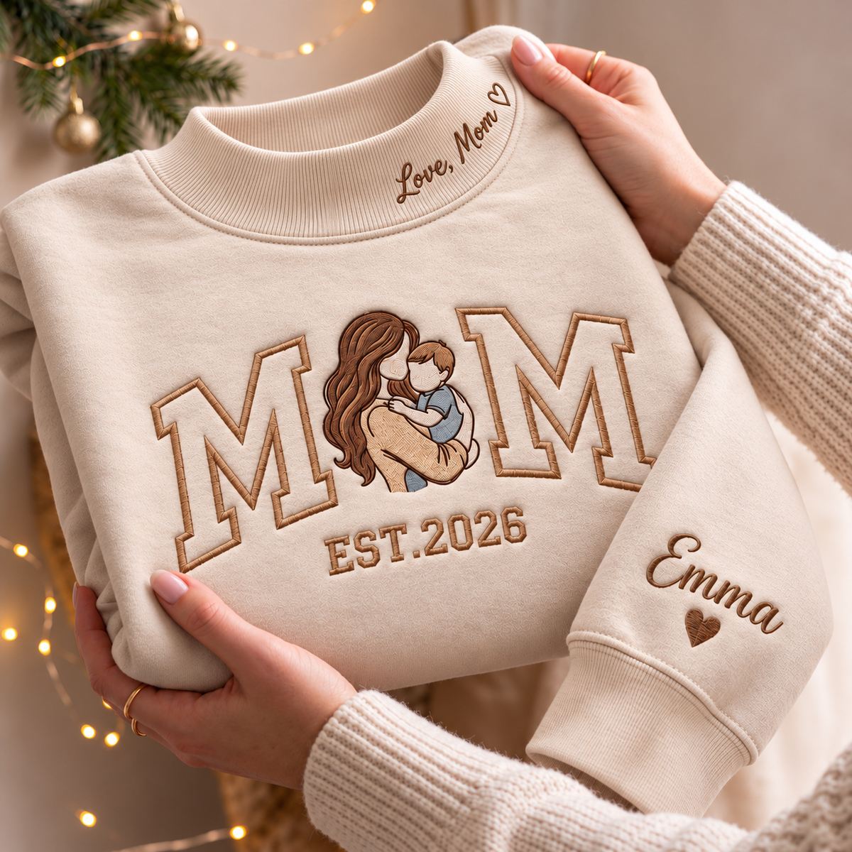 Personalized Embroidered Mom Custom Message On Neck Sweatshirt, Quarter-Zip Sweatshirt