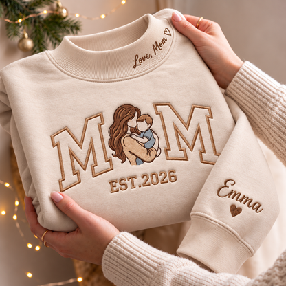 Personalized Embroidered Mom Custom Message On Neck Sweatshirt, Quarter-Zip Sweatshirt