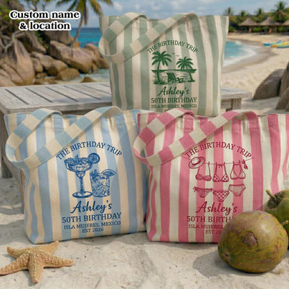 Personalized Birthday Trip Tote Bag – Custom Beach Gift Bag | 50th Birthday Party Favor | Bridesmaid / Vacation Tote | Isla Mujeres Theme