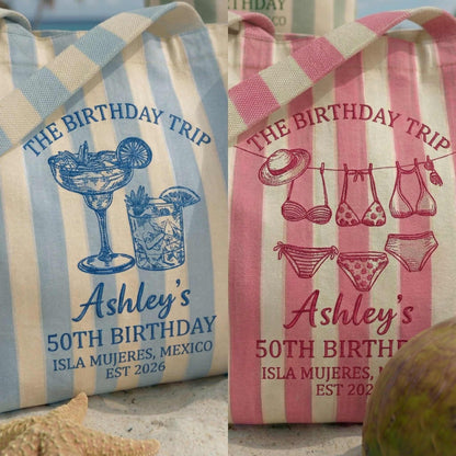 Personalized Birthday Trip Tote Bag – Custom Beach Gift Bag | 50th Birthday Party Favor | Bridesmaid / Vacation Tote | Isla Mujeres Theme
