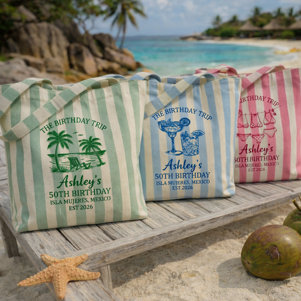 Personalized Birthday Trip Tote Bag – Custom Beach Gift Bag | 50th Birthday Party Favor | Bridesmaid / Vacation Tote | Isla Mujeres Theme