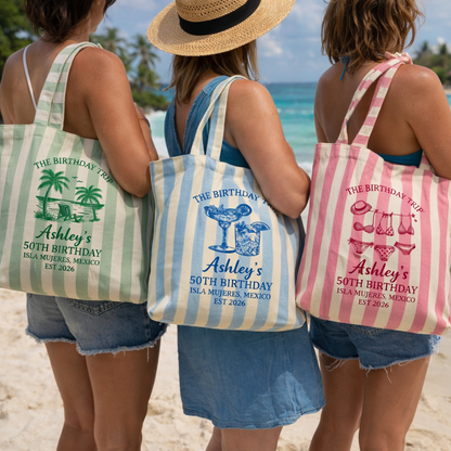 Personalized Birthday Trip Tote Bag – Custom Beach Gift Bag | 50th Birthday Party Favor | Bridesmaid / Vacation Tote | Isla Mujeres Theme