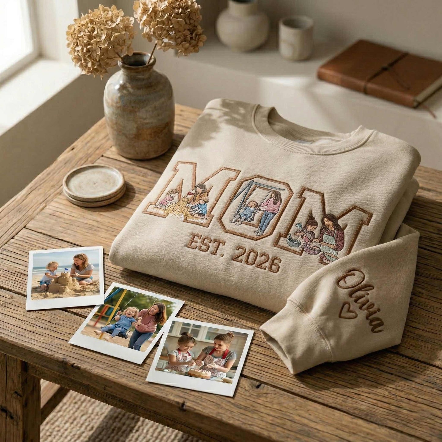 Embroidered Mother's Day EST Custom 3 Photos With Kid's Names On Sleeve Hoodie Sweatshirt T-Shirt