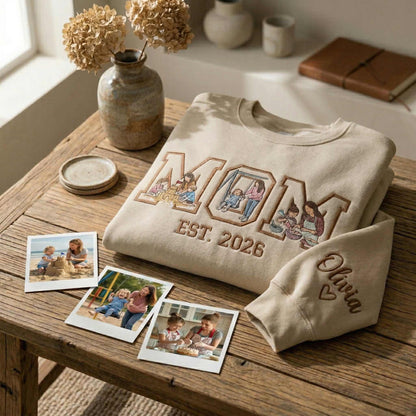 Embroidered Mother's Day EST Custom 3 Photos With Kid's Names On Sleeve Hoodie Sweatshirt T-Shirt