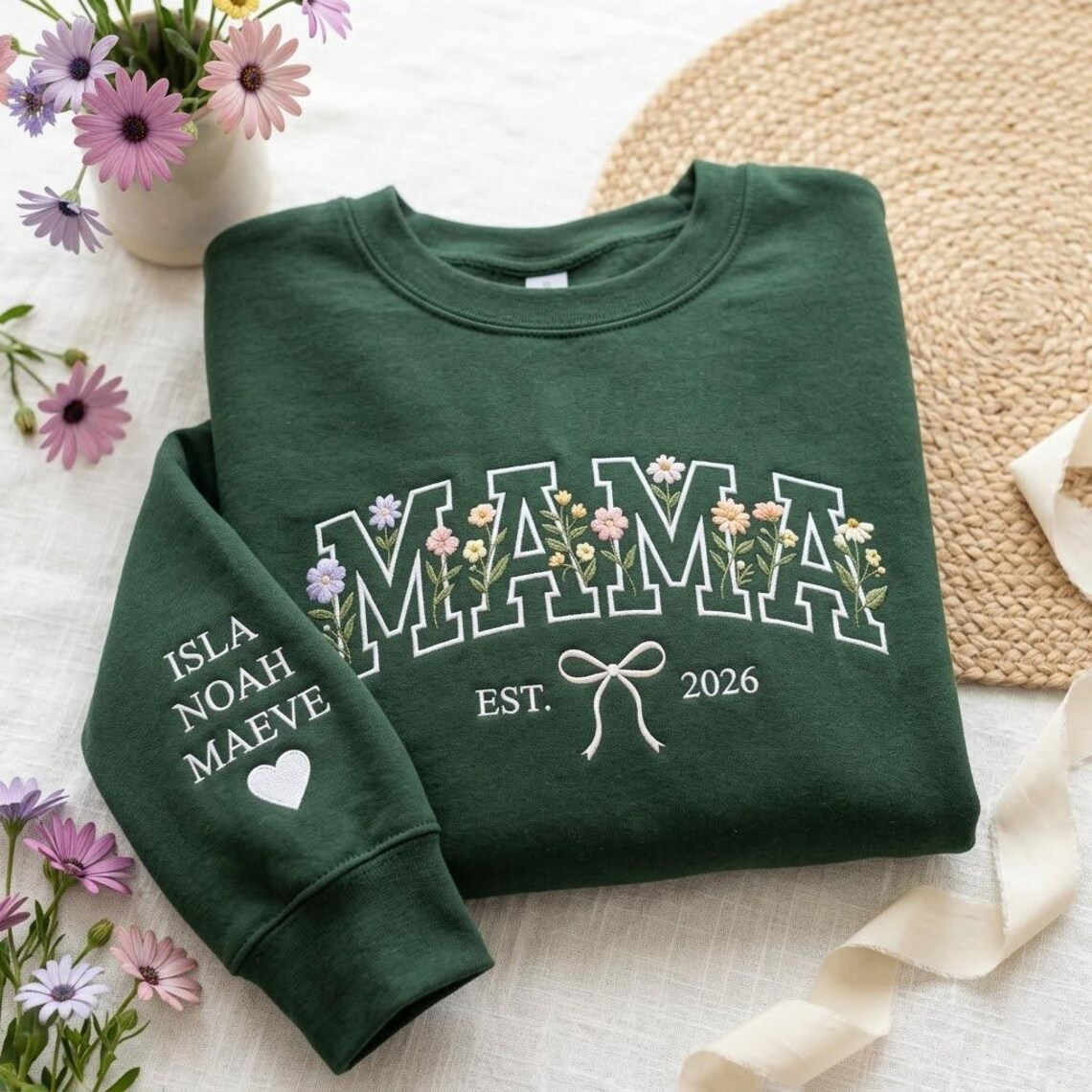 Custom Text Mama Floral Embroidered Sweatshirt – Personalized EST Year – Custom Name Sleeve – Cozy Gift for Mom