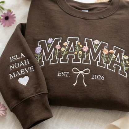 Custom Text Mama Floral Embroidered Sweatshirt – Personalized EST Year – Custom Name Sleeve – Cozy Gift for Mom