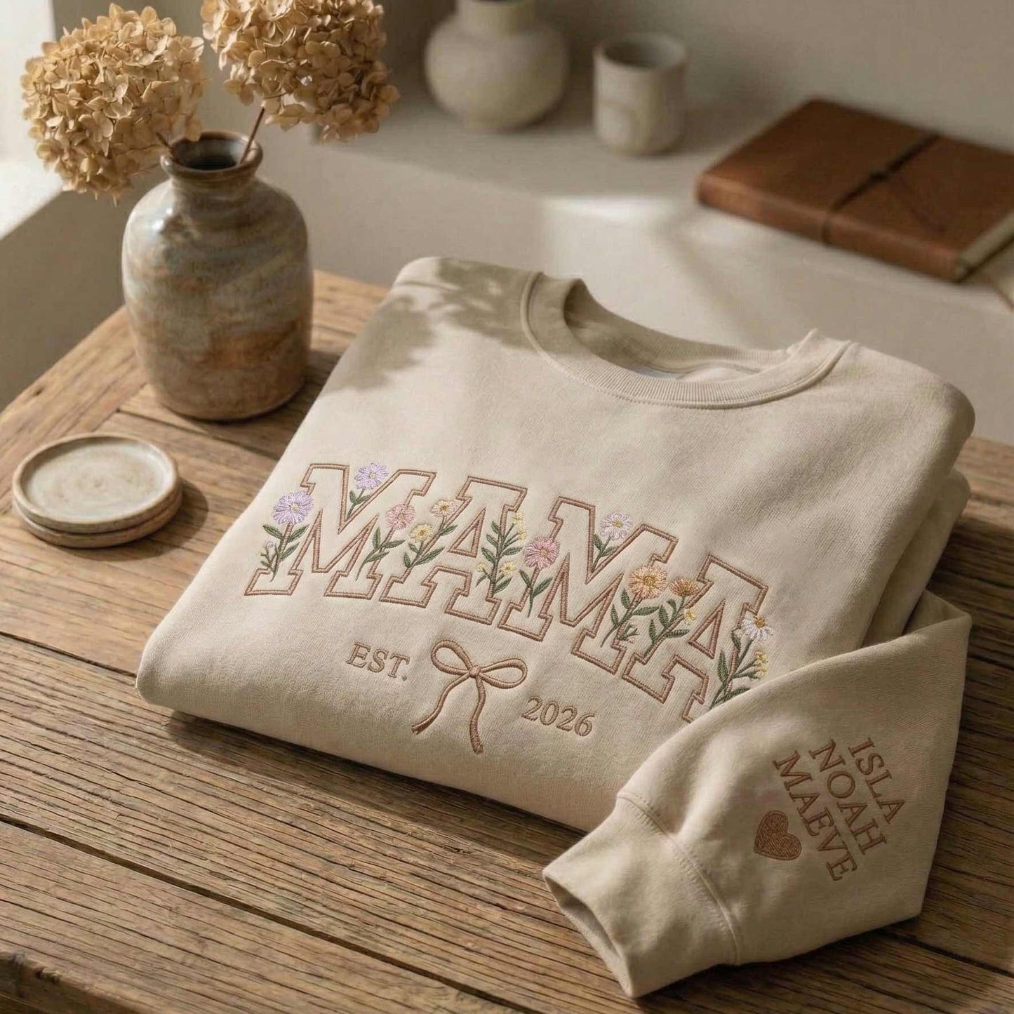 Custom Text Mama Floral Embroidered Sweatshirt – Personalized EST Year – Custom Name Sleeve – Cozy Gift for Mom