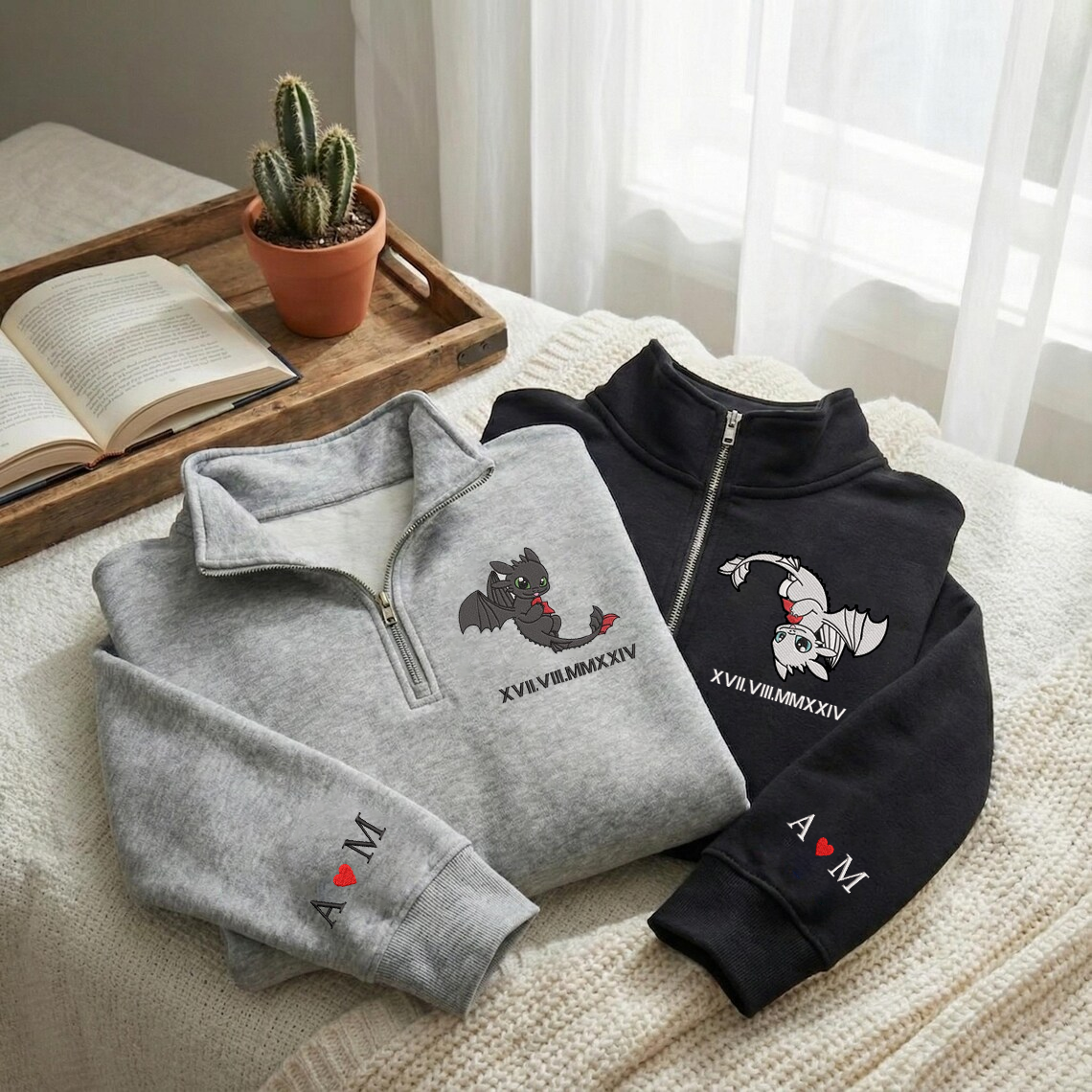 Valentine Personalized Embroidered Roman Numeral Dragon Couple Hoodie Sweatshirt T-Shirt