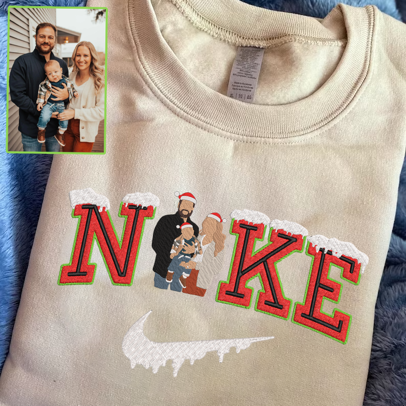 Christmas Embroidered Family Photo Snow Custom Text Hoodie Sweatshirt T-Shirt