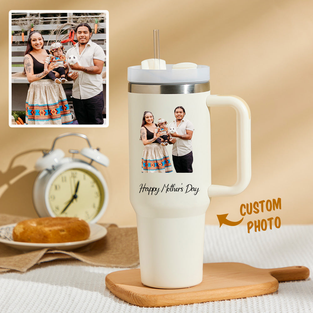 Mother's Day Personalized Text 40oz Insulated Mug with Handle and Straw Stainless Steel Custom Travel Cup Gift for Family Friends Couples