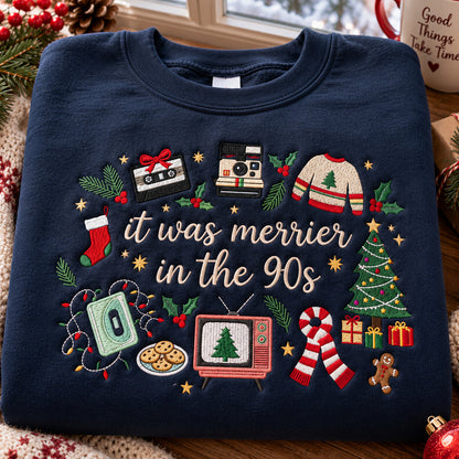 It Was Merrier in the 90s Embroidered Christmas Sweatshirt, Retro Holiday Crewneck - DL09041026