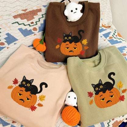 Halloween Personalized Embroidered Cat & Pumpkin Hoodie Sweatshirt T-Shirt
