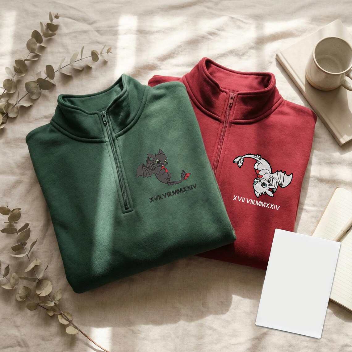Valentine Personalized Embroidered Roman Numeral Dragon Couple Hoodie Sweatshirt T-Shirt