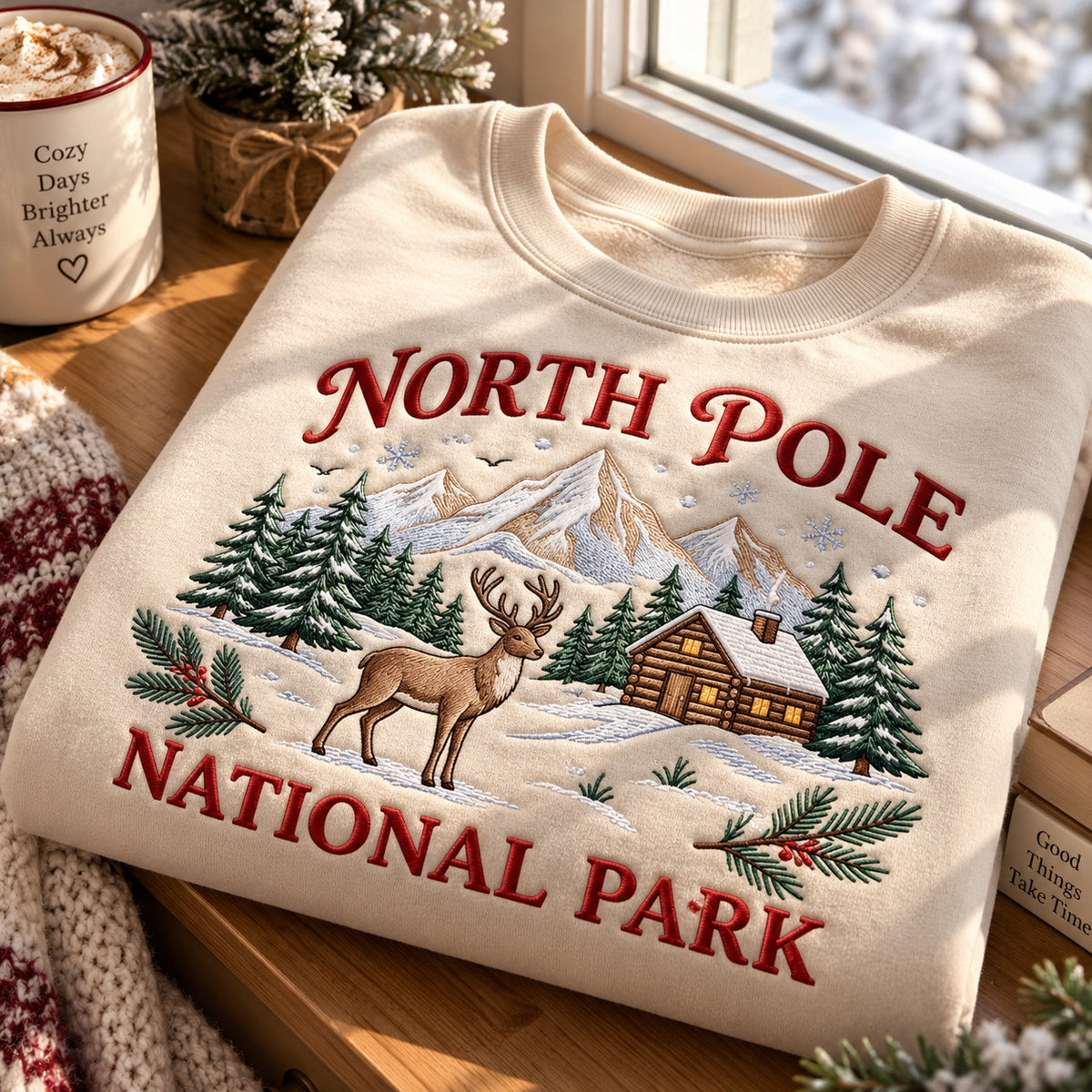 North Pole National Park Embroidered Sweatshirt, Reindeer and Cabin Winter Scene, Christmas Crewneck - DL19161026