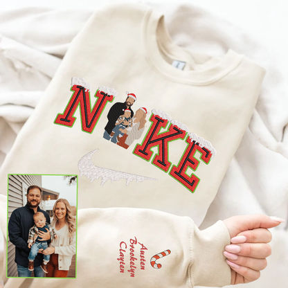 Christmas Embroidered Family Photo Snow Custom Text Hoodie Sweatshirt T-Shirt