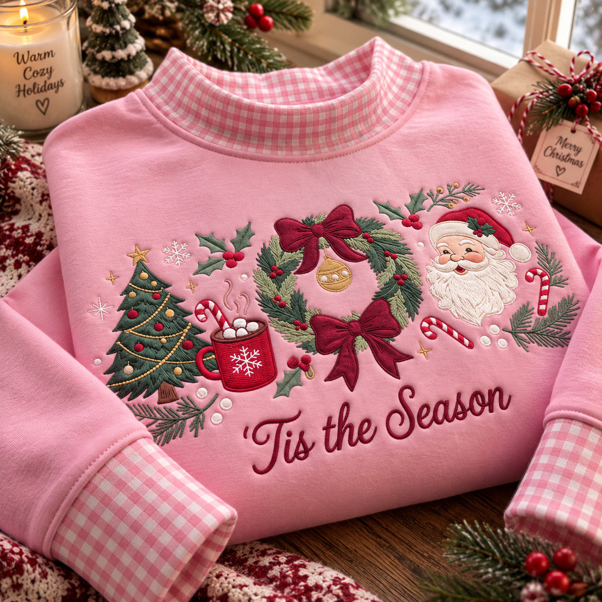 Embroidered Christmas Sweatshirt, Tis the Season Santa and Wreath Design, Green Gingham Collar Holiday Pullover - DL03041026