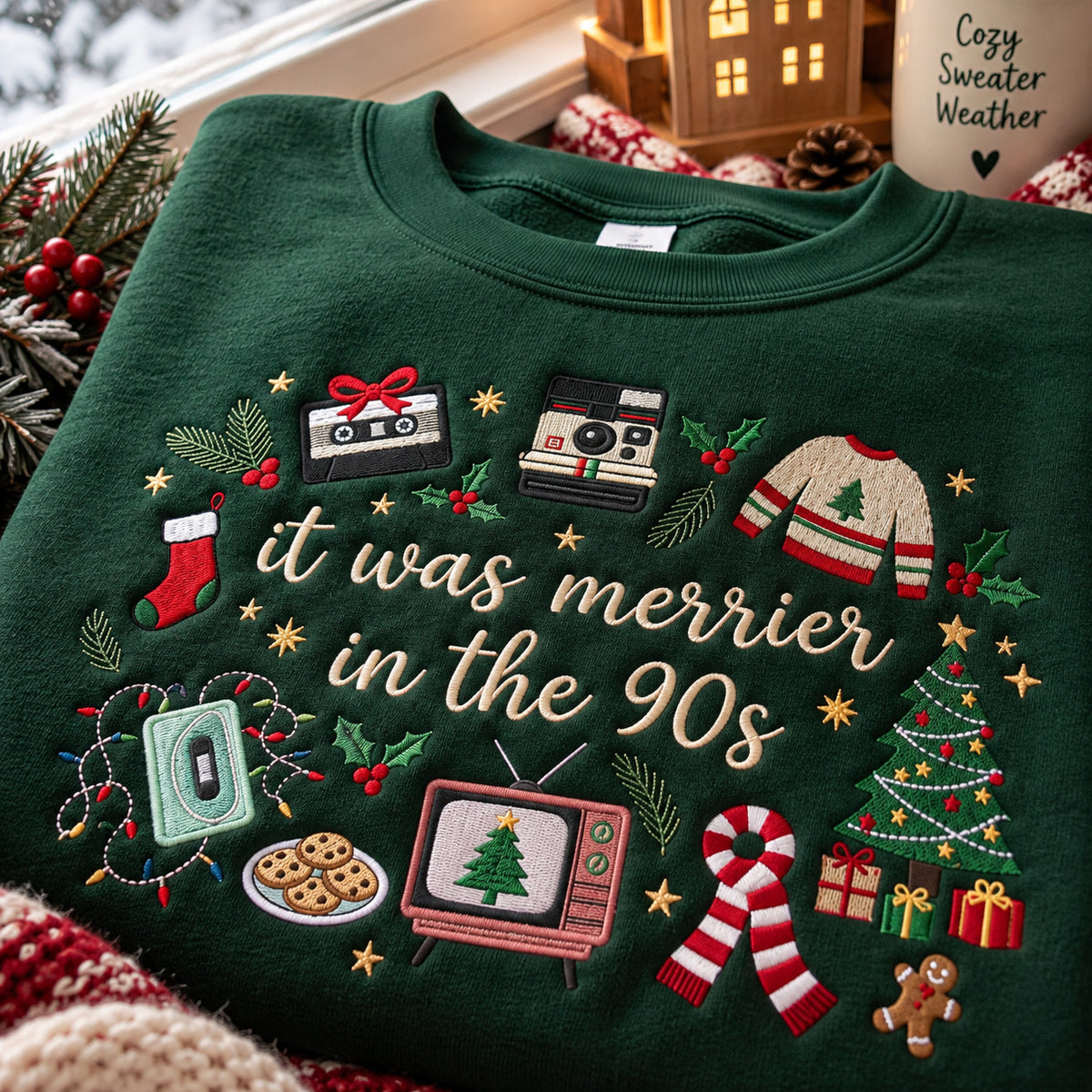 It Was Merrier in the 90s Embroidered Christmas Sweatshirt, Retro Holiday Crewneck - DL09041026