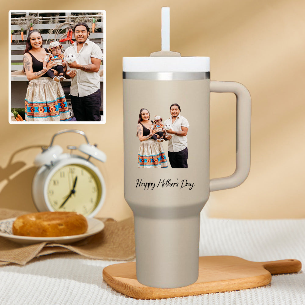 Mother's Day Personalized Text 40oz Insulated Mug with Handle and Straw Stainless Steel Custom Travel Cup Gift for Family Friends Couples