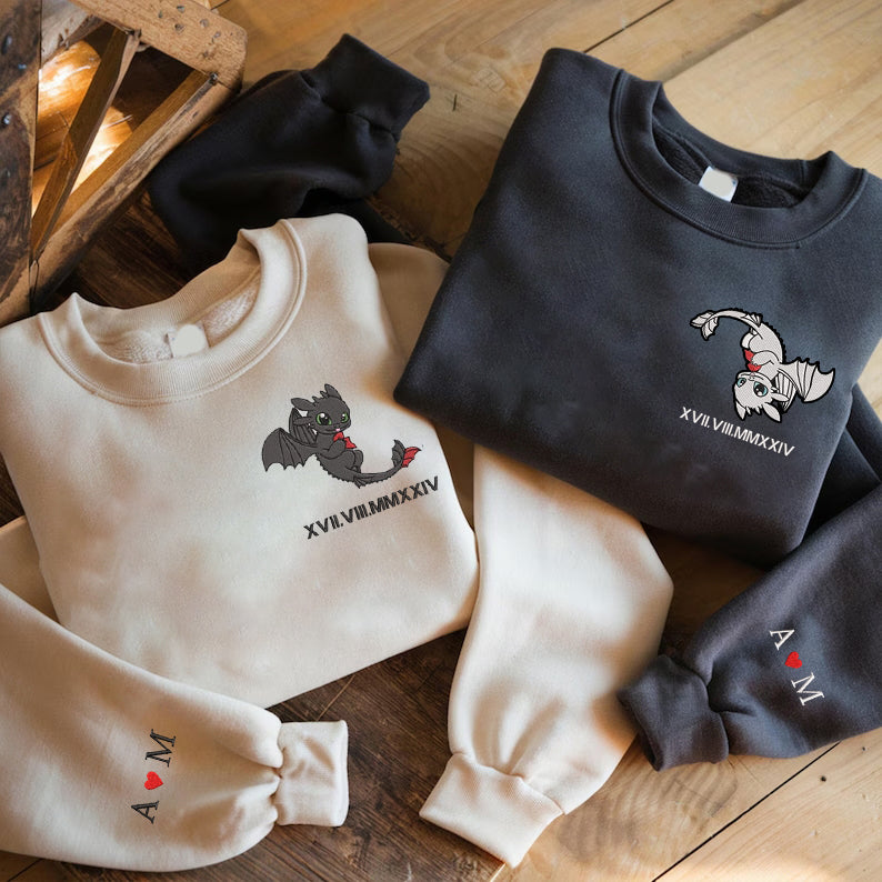 Valentine Personalized Embroidered Roman Numeral Dragon Couple Hoodie Sweatshirt T-Shirt