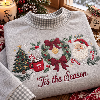Embroidered Christmas Sweatshirt, Tis the Season Santa and Wreath Design, Green Gingham Collar Holiday Pullover - DL03041026