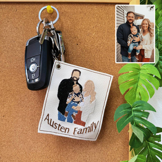 Personalized Embroidered Leather Family Photo Keychain