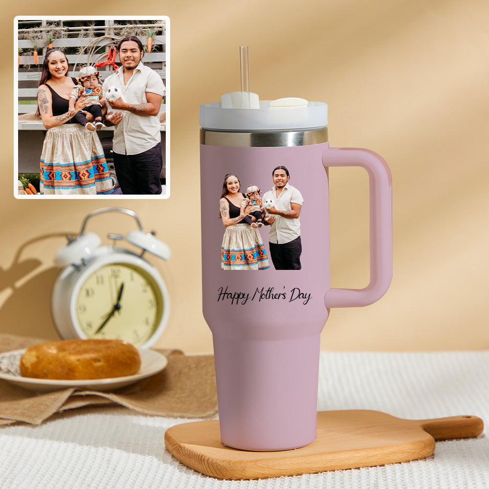 Mother's Day Personalized Text 40oz Insulated Mug with Handle and Straw Stainless Steel Custom Travel Cup Gift for Family Friends Couples