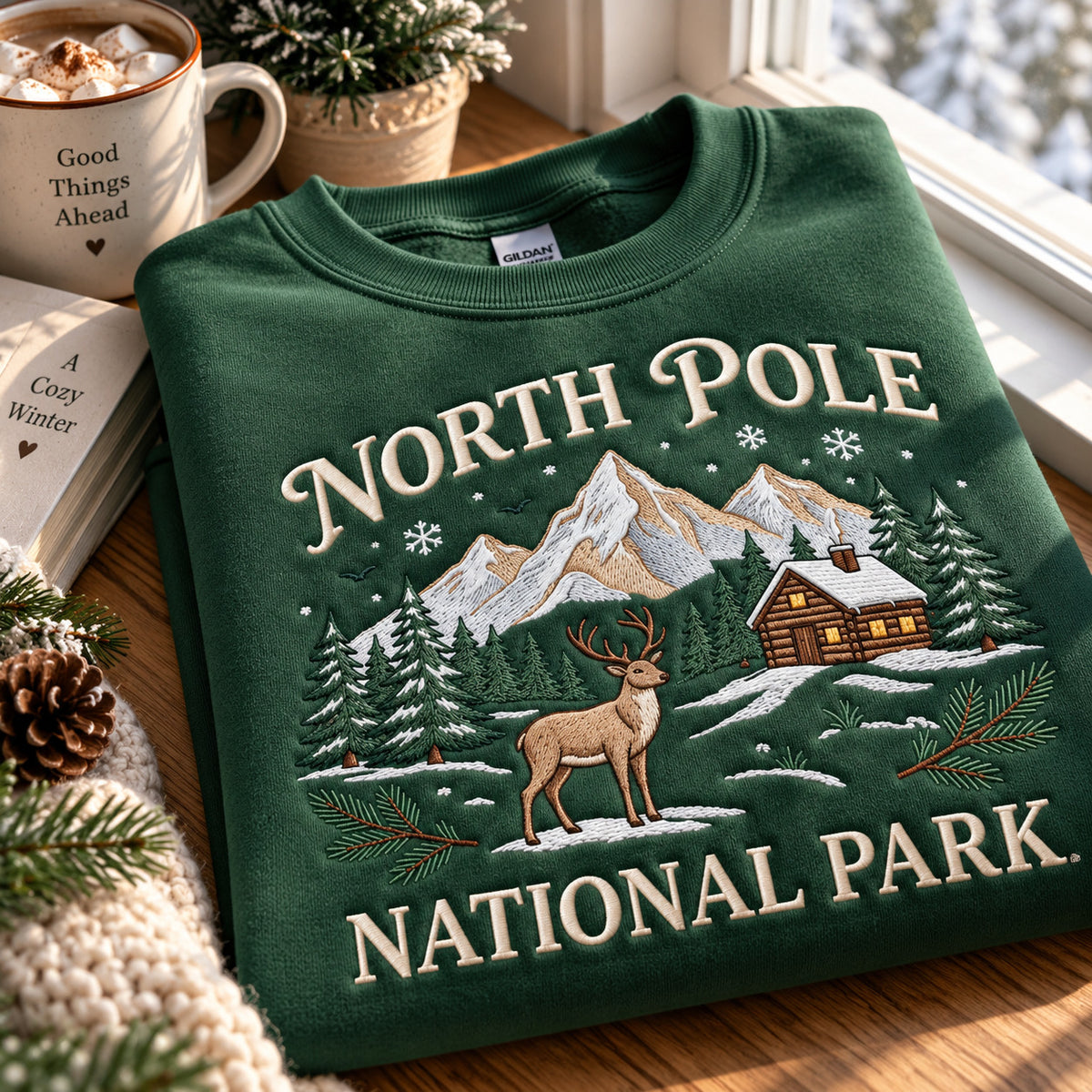 North Pole National Park Embroidered Sweatshirt, Reindeer and Cabin Winter Scene, Christmas Crewneck - DL19161026
