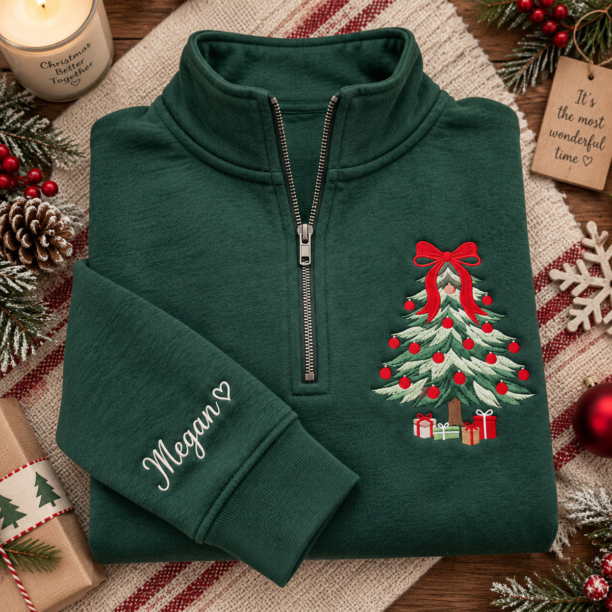 Personalized Christmas Tree Sweatshirt, Embroidered Zip Neck Pullover with Custom Sleeve Name and Red Bow - DL04041026