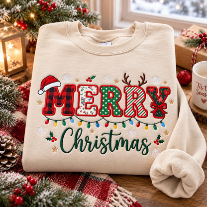 Merry Christmas Embroidered Sweatshirt, Festive Patchwork Lettering and Holiday Lights Crewneck - DL04061026