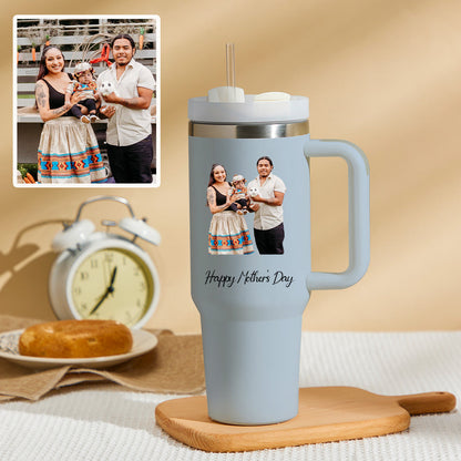 Mother's Day Personalized Text 40oz Insulated Mug with Handle and Straw Stainless Steel Custom Travel Cup Gift for Family Friends Couples