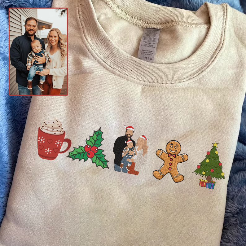 Christmas Embroidered Family Photo Custom Text Hoodie Sweatshirt T-Shirt