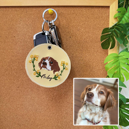 Personalized Embroidered Leather Pet Dog Cat Floral Photo Keychain