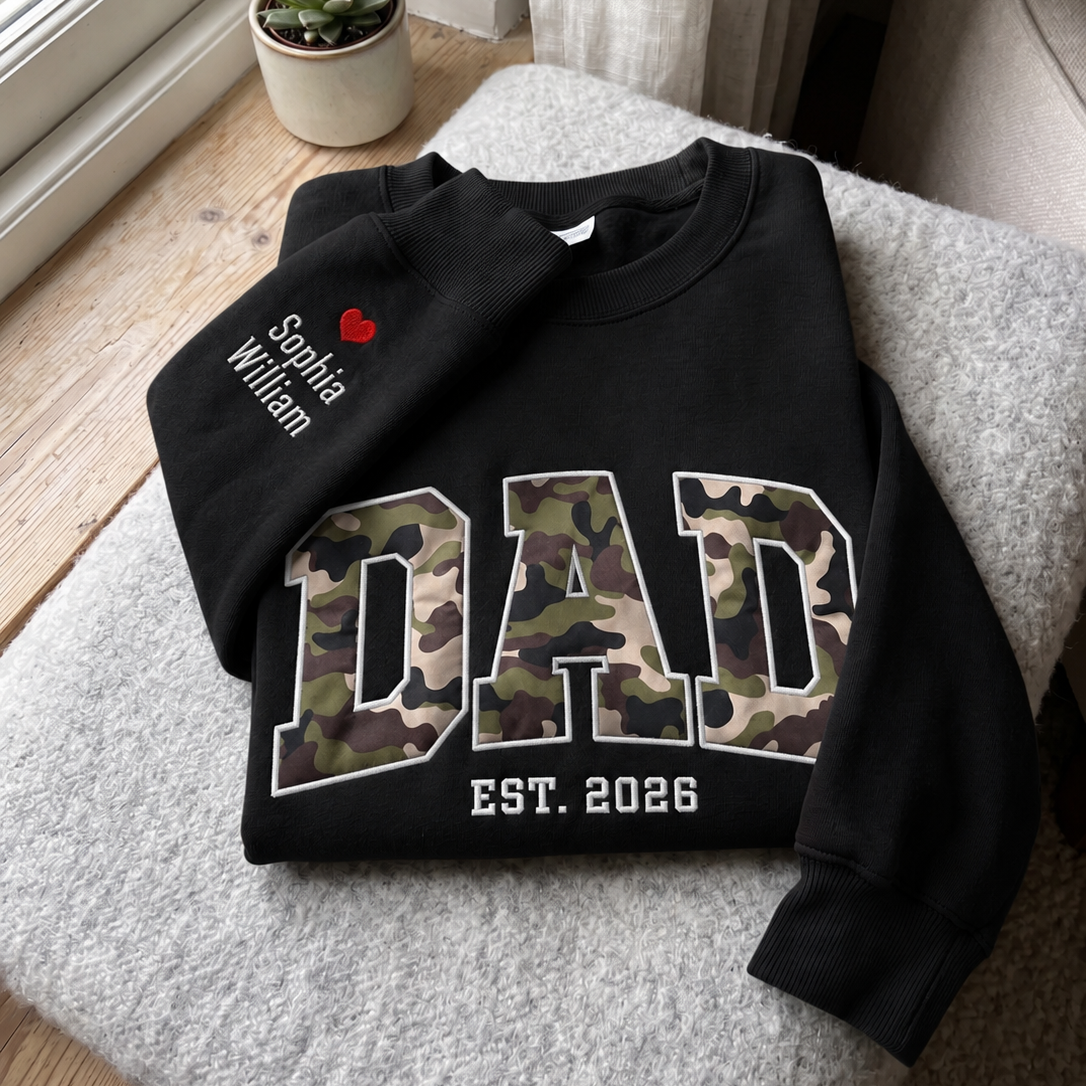 Custom Camo DAD Sweatshirt with Sleeve Embroidery, Personalized Dad Est 2026 Crewneck, Father’s Day Gift