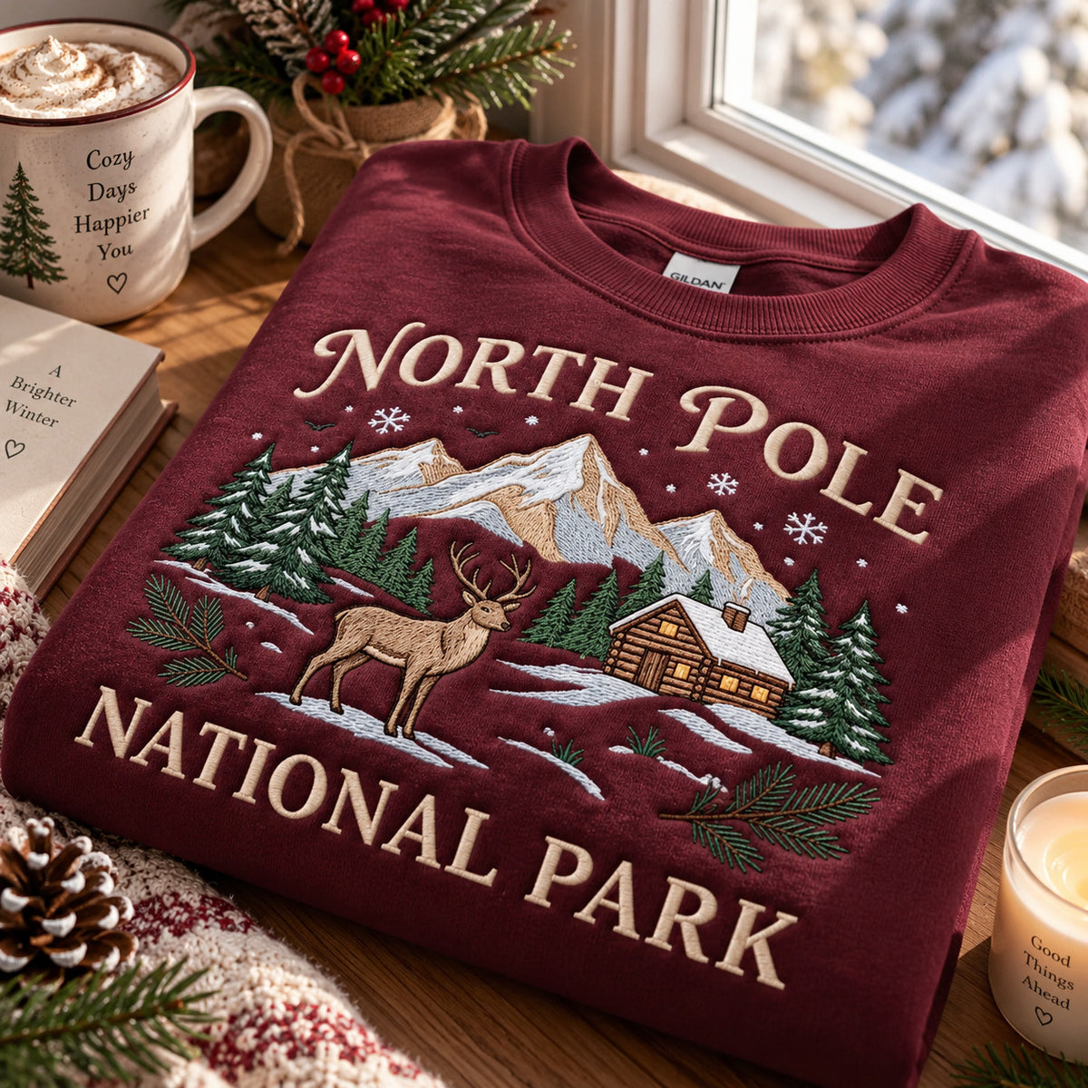North Pole National Park Embroidered Sweatshirt, Reindeer and Cabin Winter Scene, Christmas Crewneck - DL19161026